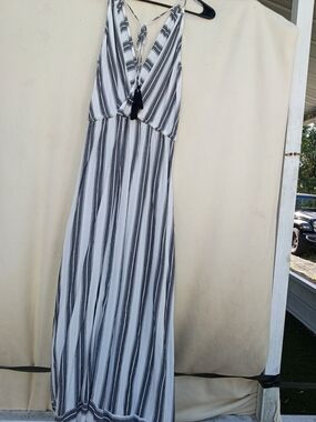 blue island Black & White Vertical-Stripe V-Neck Maxi Dress with Tassel Tie